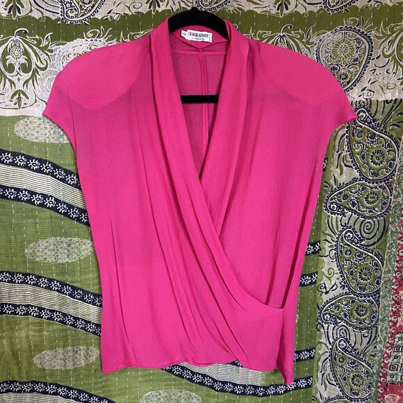 Vintage 80's Giorgio Armani Magenta Silk Semi-Sheer Wrap Front Blouse Size 10 - Picture 1 of 16